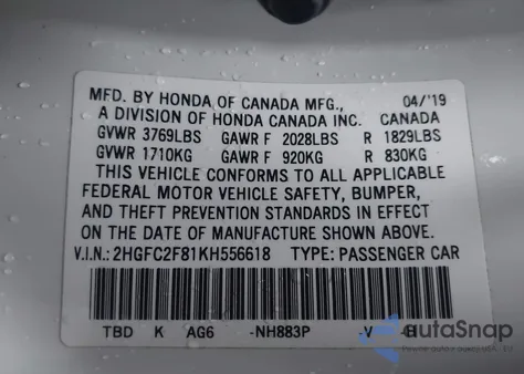 2019 Honda Civic Sport z USA, uszkodzony, nr VIN 2HGFC2F81KH556618